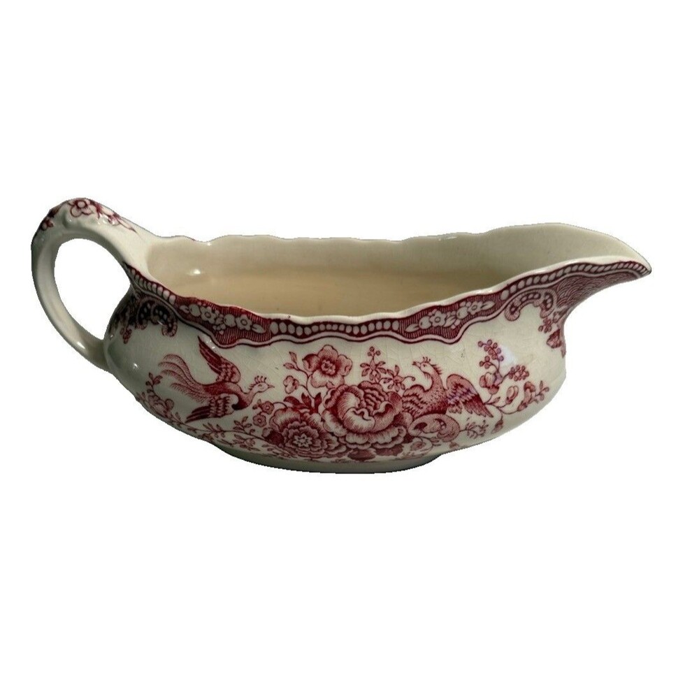 Crown Ducal Bristol Red Pink Transferware Gravy Boat England 762055 9” 1940s